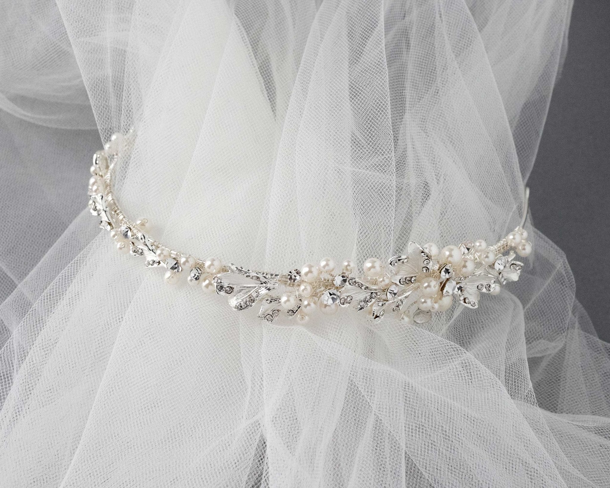 Side Accent Bridal Headband with Silver Leaves - Headband - Cassandra Lynne