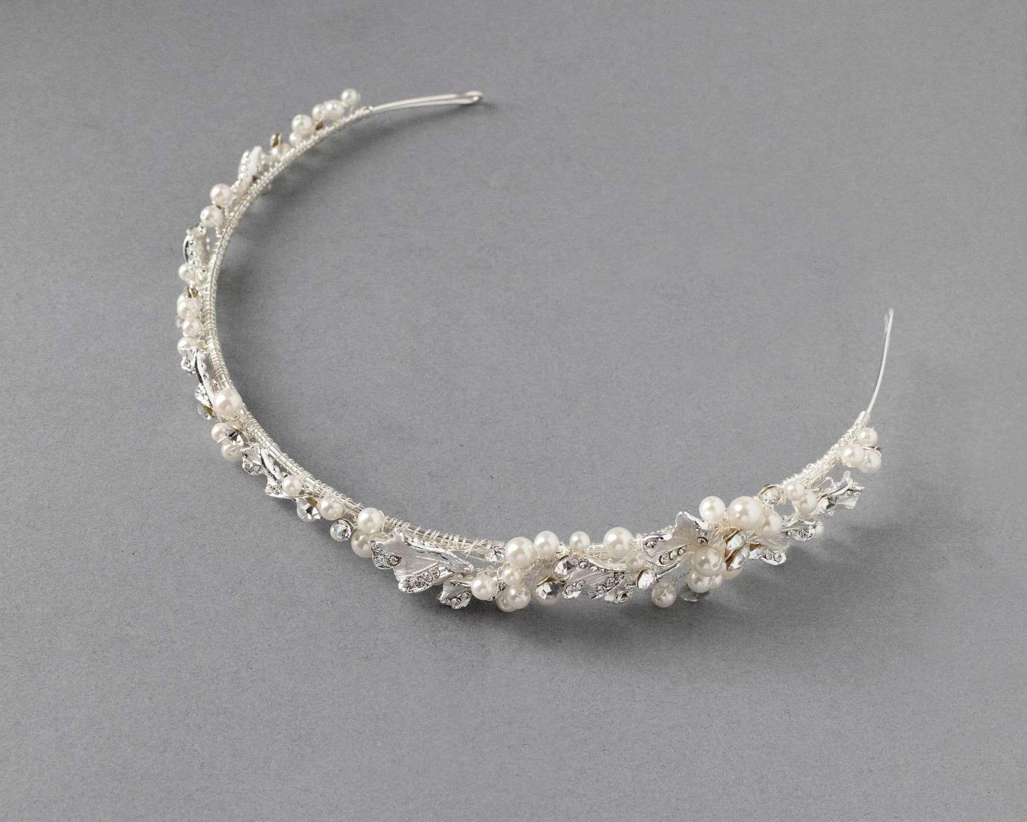 Side Accent Bridal Headband with Silver Leaves - Headband - Cassandra Lynne