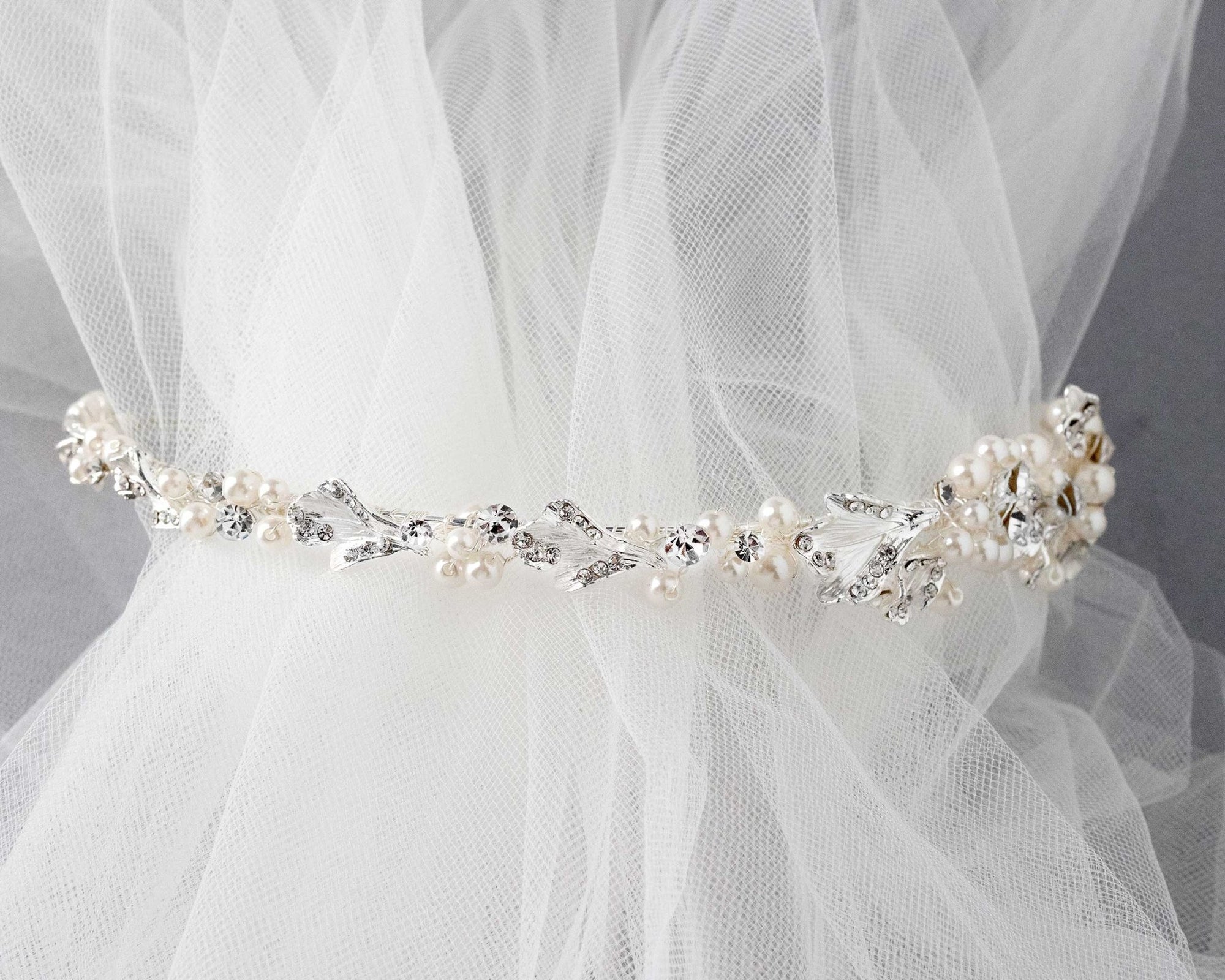 Side Accent Bridal Headband with Silver Leaves - Headband - Cassandra Lynne