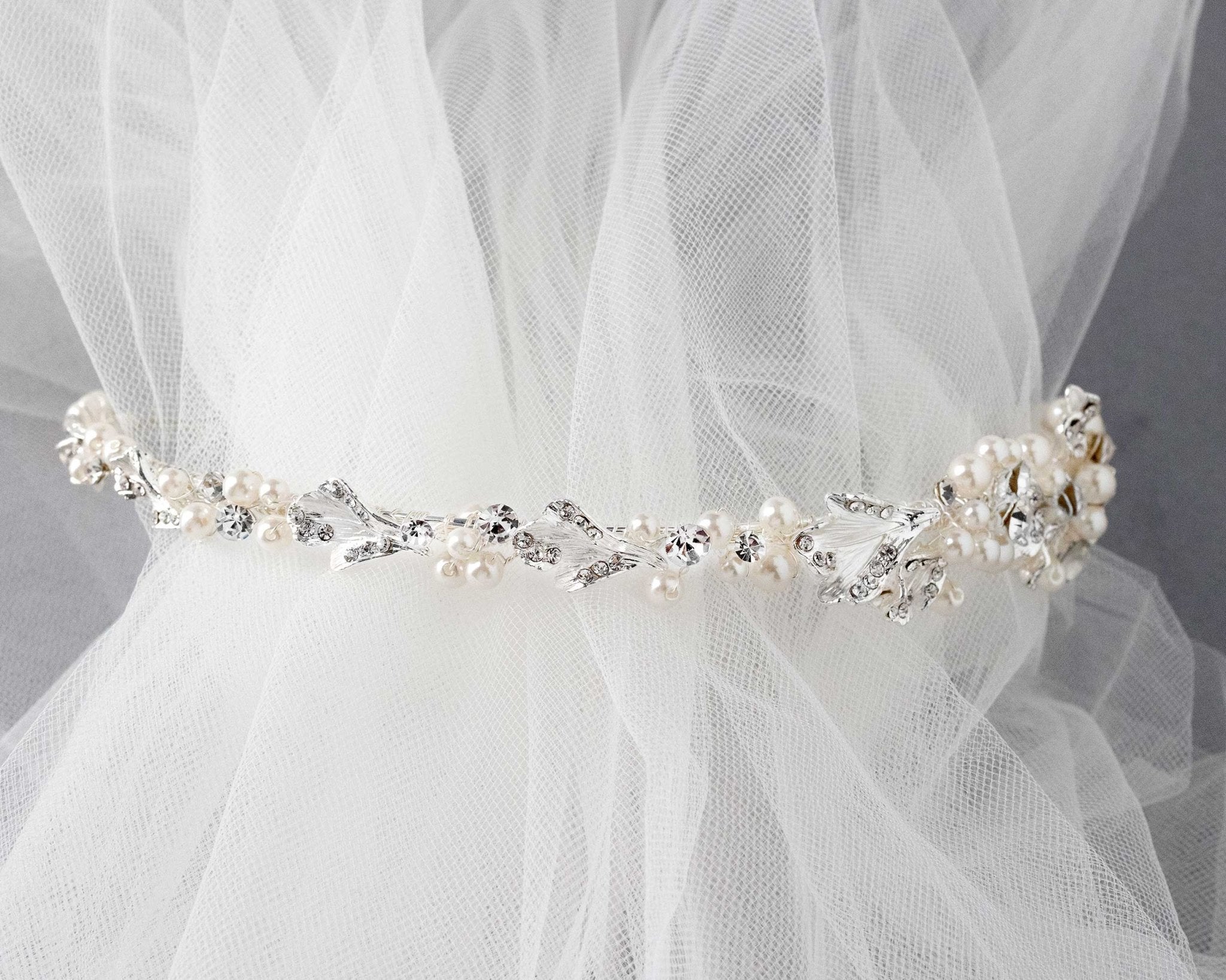 Side Accent Bridal Headband with Silver Leaves - Headband - Cassandra Lynne