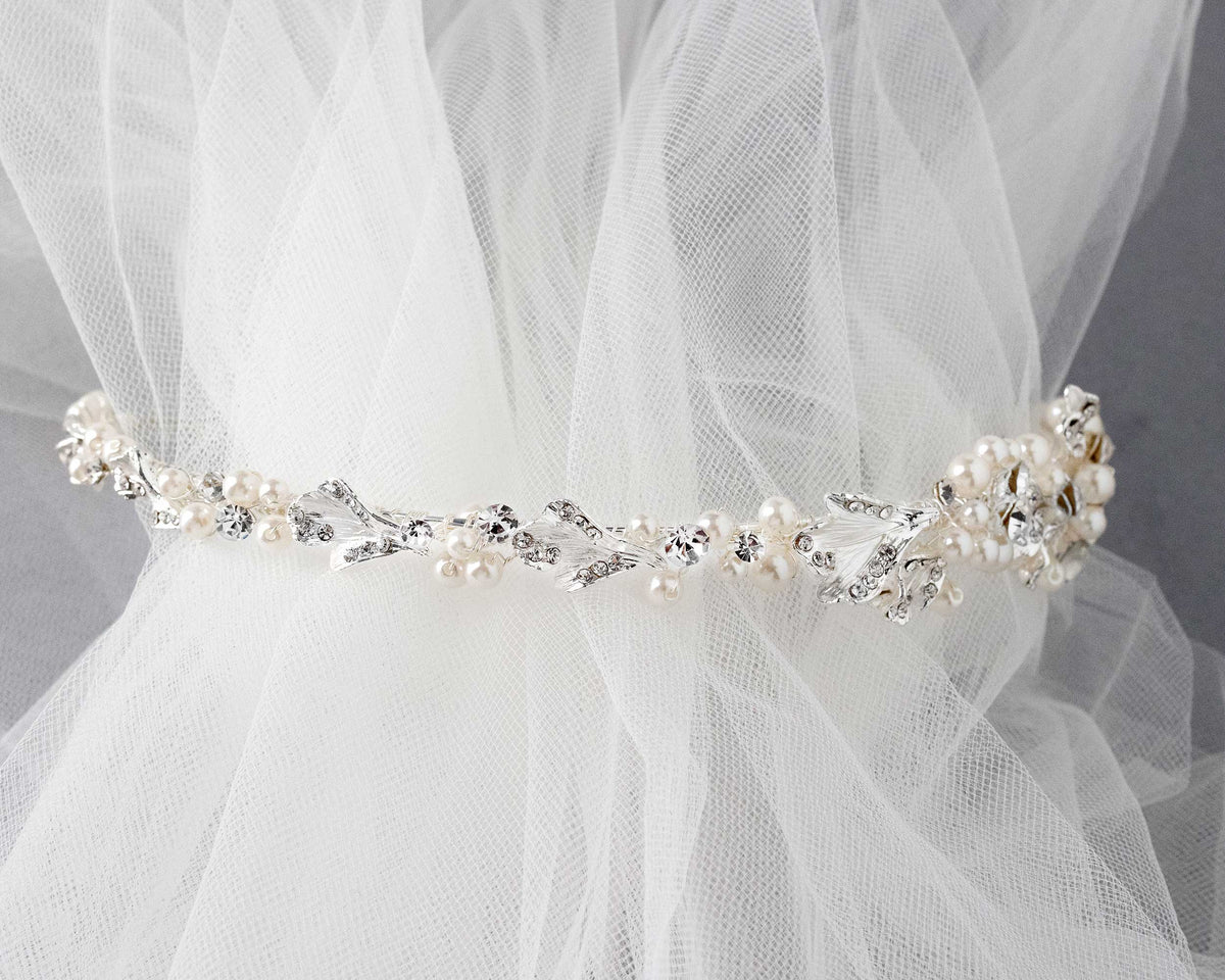 Side Accent Bridal Headband with Silver Leaves