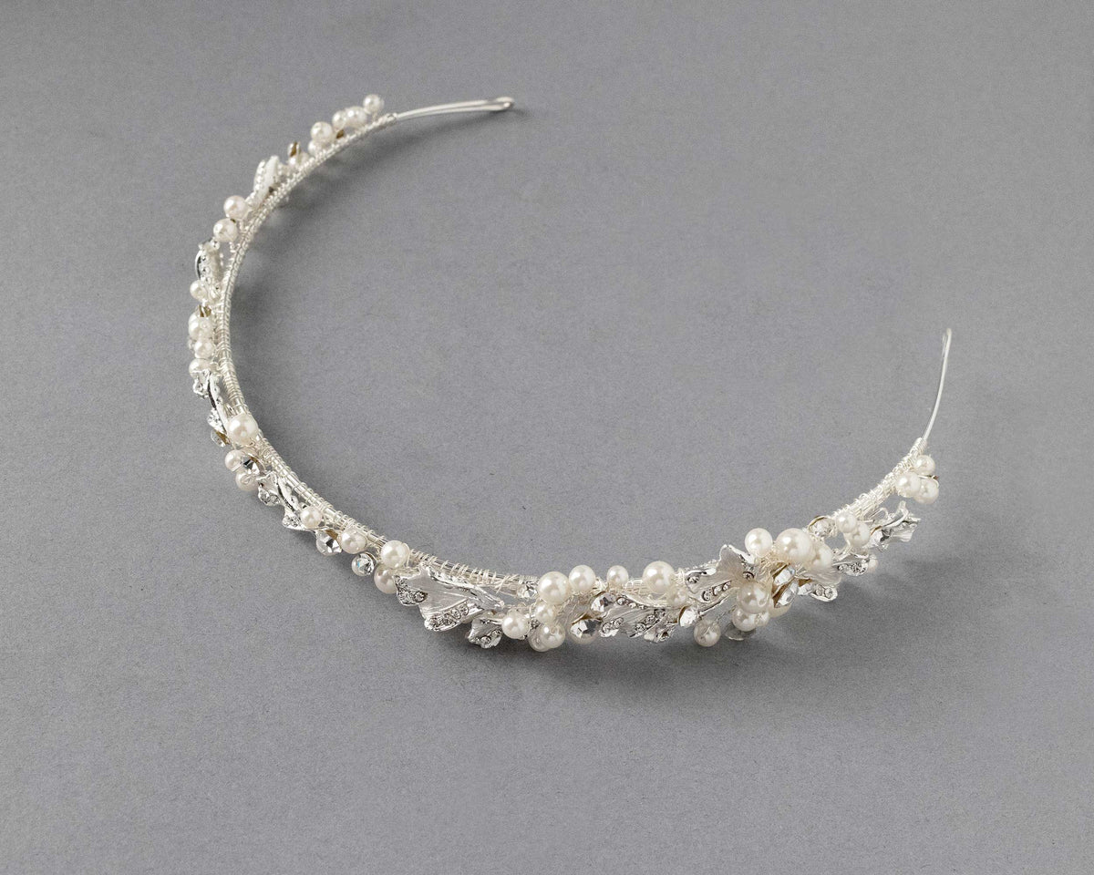 Side Accent Bridal Headband with Silver Leaves