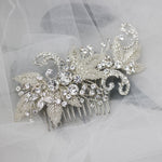 Silver Beaded Leaves and Crystal Scrolls Wedding Hair Comb - Hair Combs - Cassandra Lynne