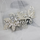 Silver Beaded Leaves and Crystal Scrolls Wedding Hair Comb - Hair Combs - Cassandra Lynne