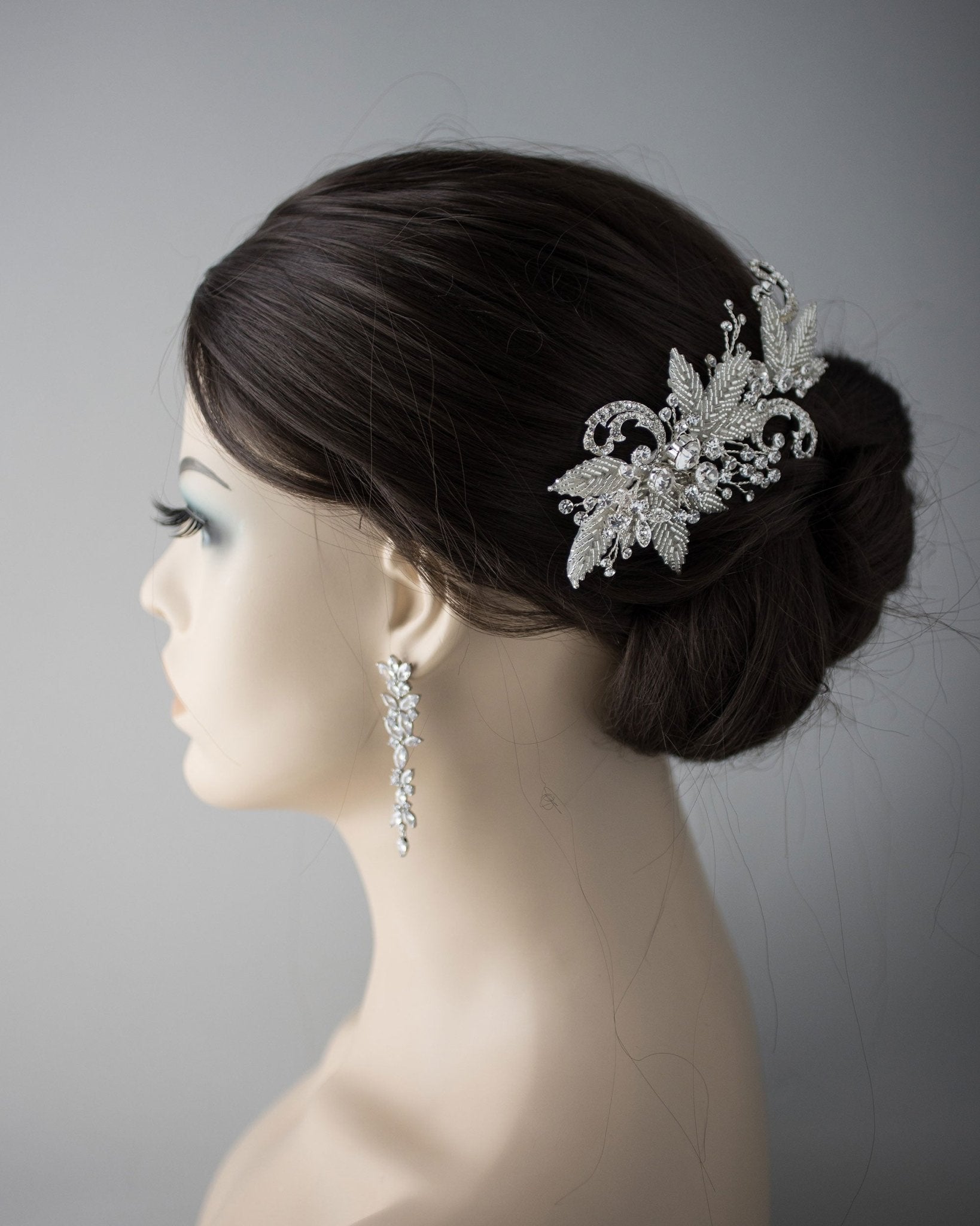 Silver Beaded Leaves and Crystal Scrolls Wedding Hair Comb - Hair Combs - Cassandra Lynne