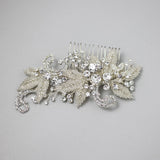 Silver Beaded Leaves and Crystal Scrolls Wedding Hair Comb - Hair Combs - Cassandra Lynne