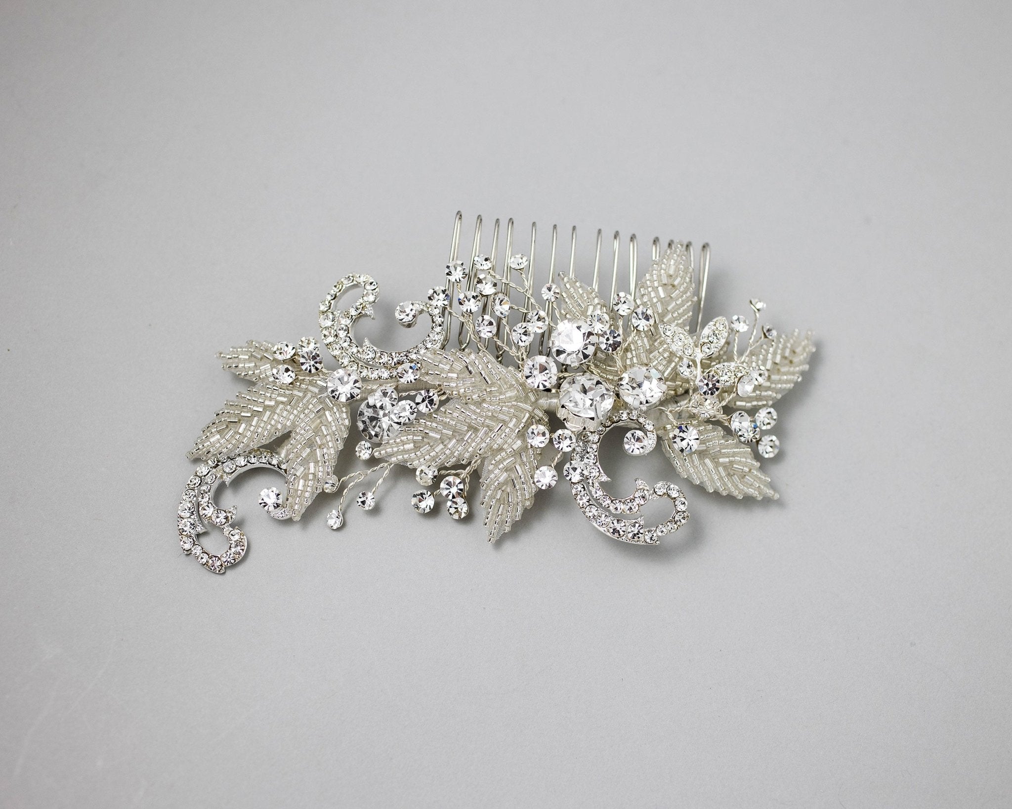 Silver Beaded Leaves and Crystal Scrolls Wedding Hair Comb - Hair Combs - Cassandra Lynne