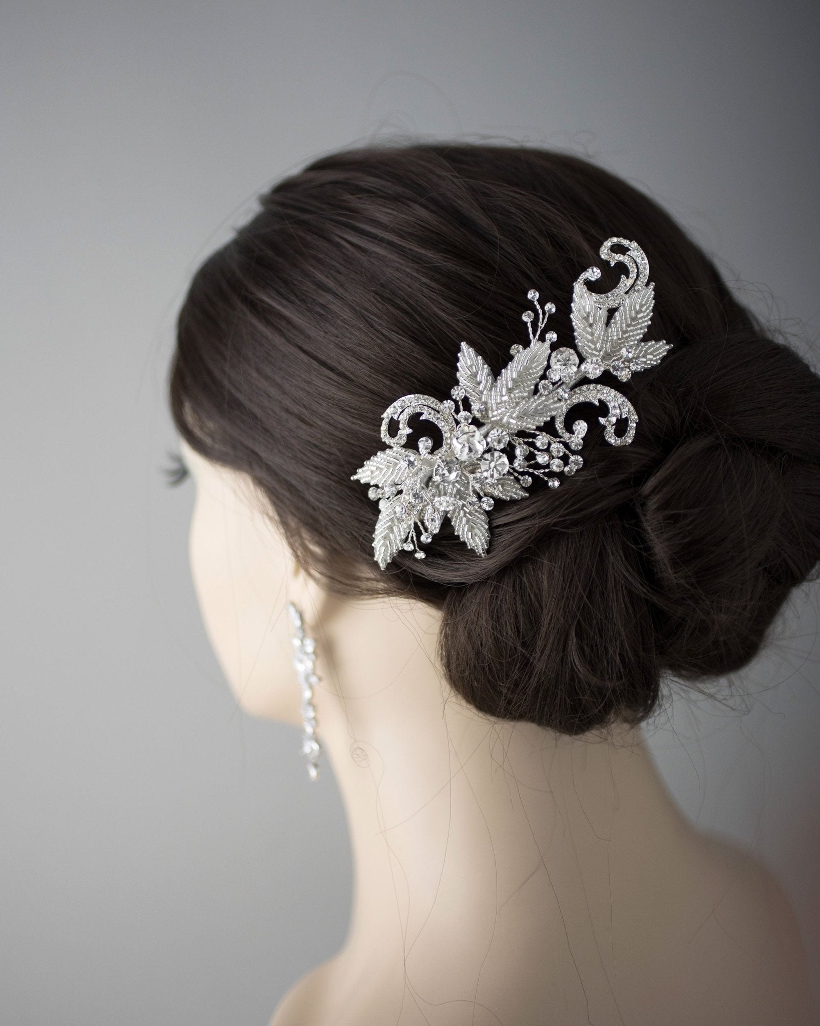 Silver Beaded Leaves and Crystal Scrolls Wedding Hair Comb - Hair Combs - Cassandra Lynne