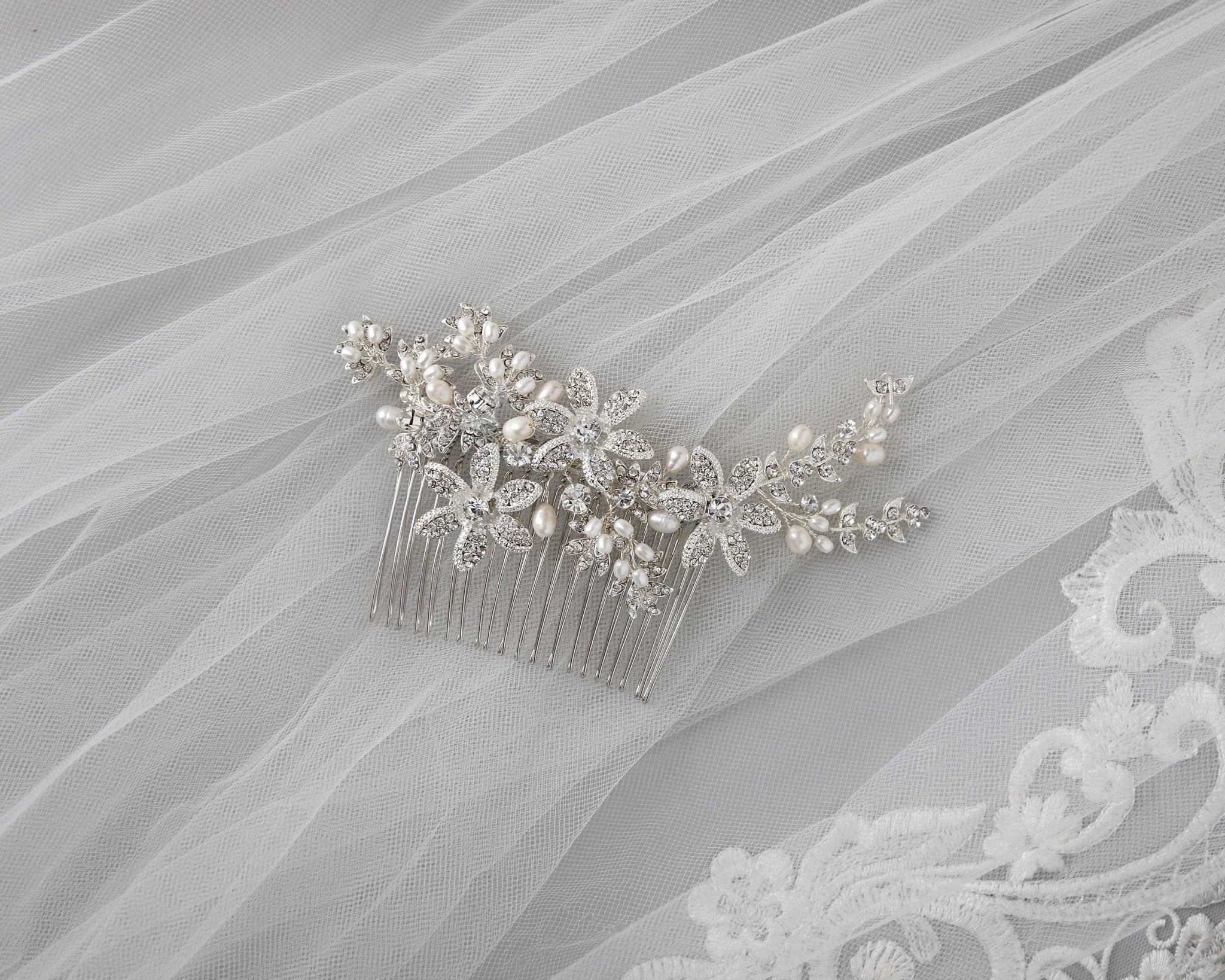 Silver Flower and Pearl Bridal Comb - Hair Comb - Cassandra Lynne