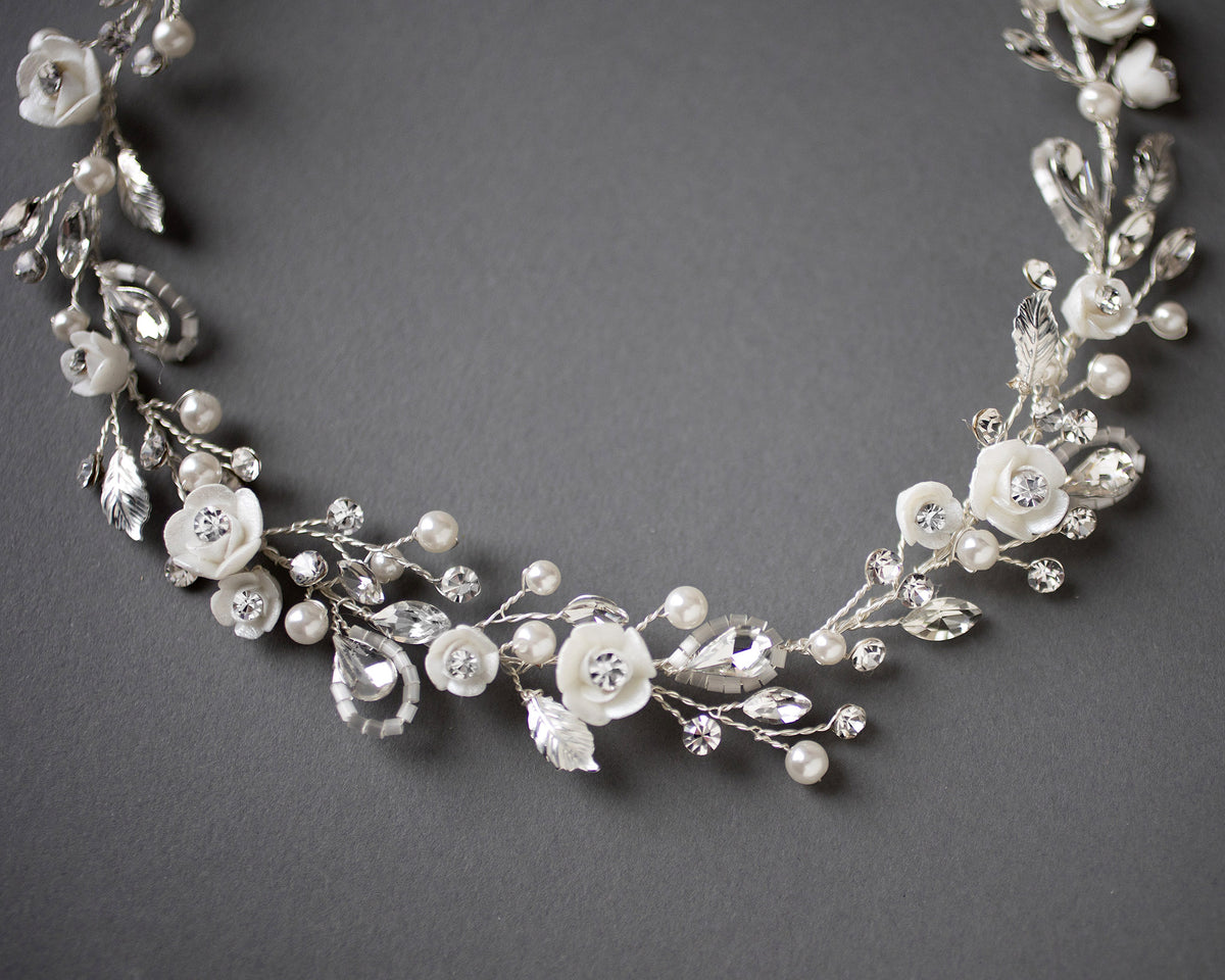 Bridal Hair Vine with Porcelain Flowers - Cassandra Lynne