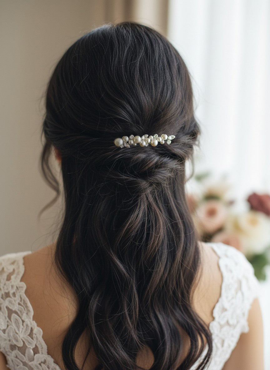 Bridal Bobby Pin with Ivory Pearls A woman shown from behind wearing a half-up hairstyle with a decorative hair accessory made of small white pearls and metallic beads, paired with a white lace top.