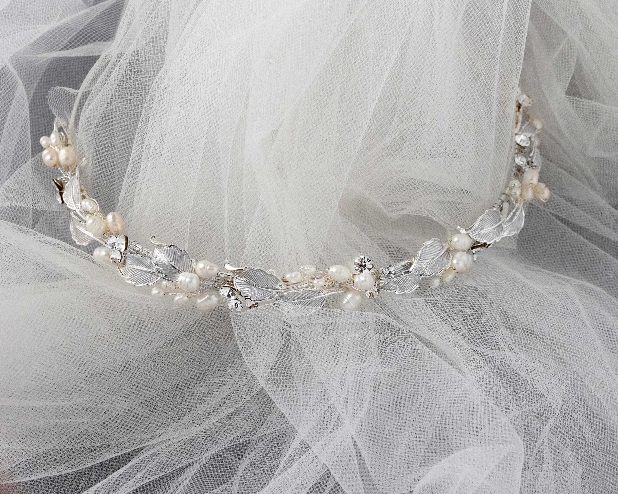 Silver Leaves and Freshwater Pearls Bridal Headband - Headband - Cassandra Lynne