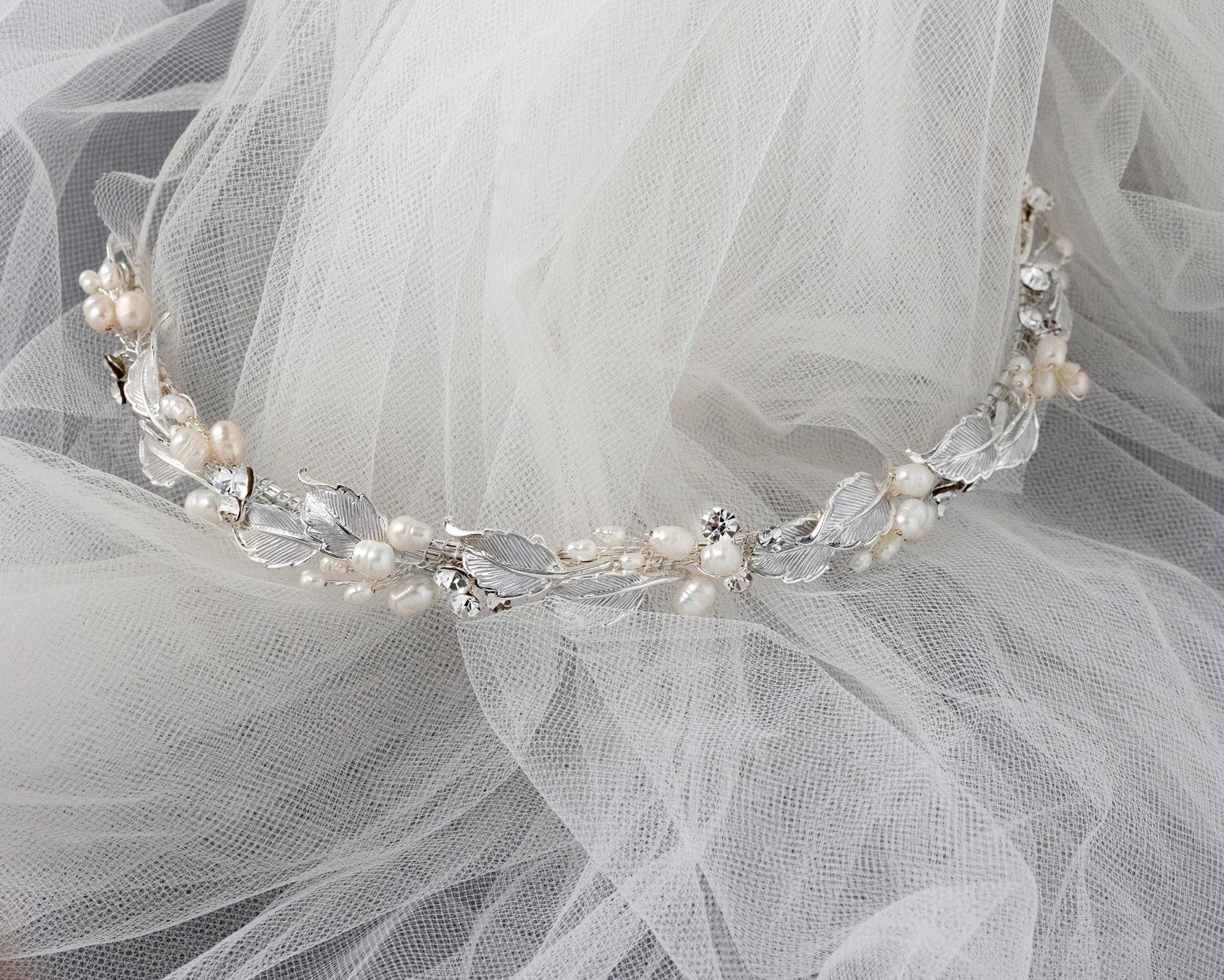 Silver Leaves and Freshwater Pearls Bridal Headband - Headband - Cassandra Lynne