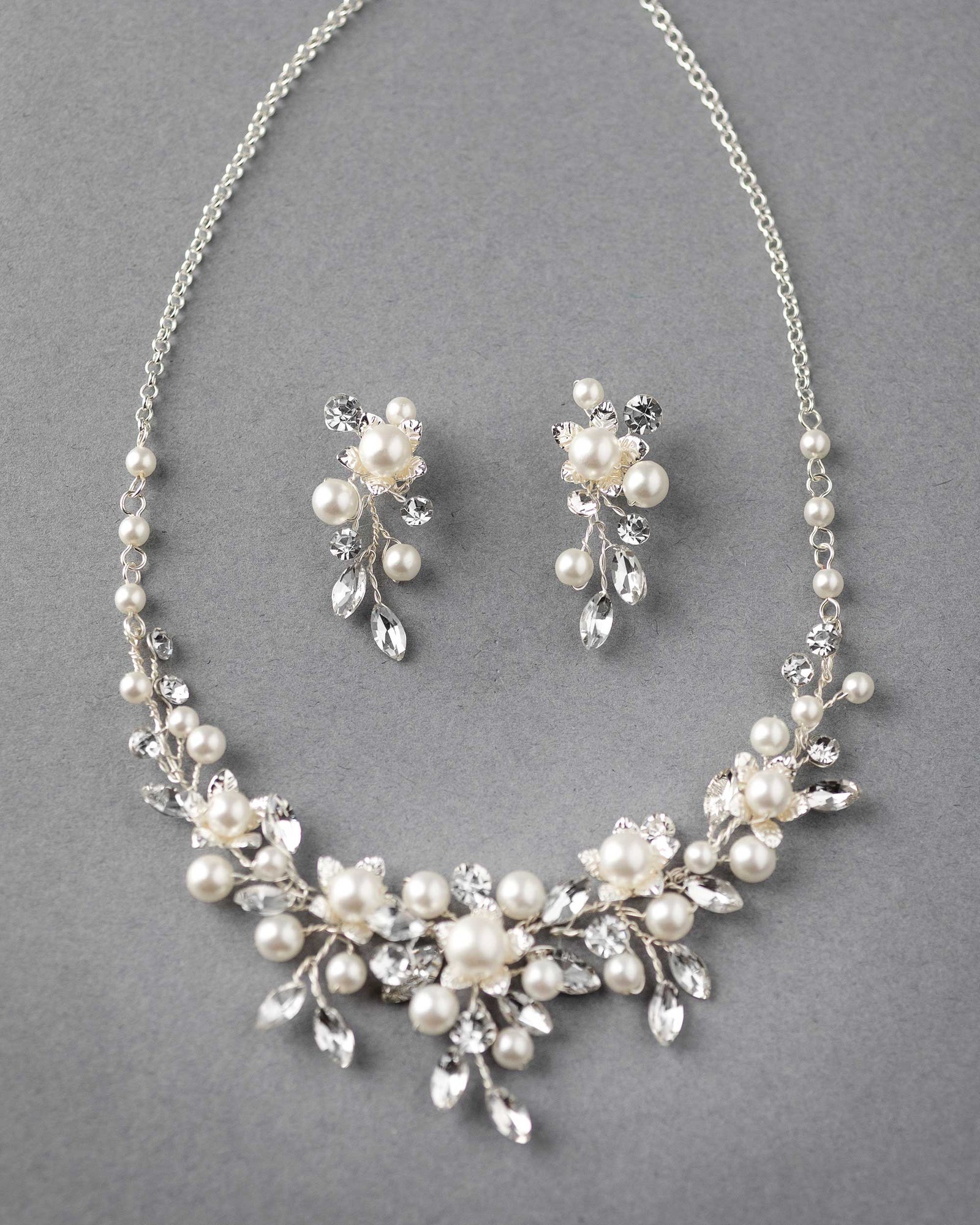 Flowers and Pearls Bridal Necklace and Earrings - Cassandra Lynne