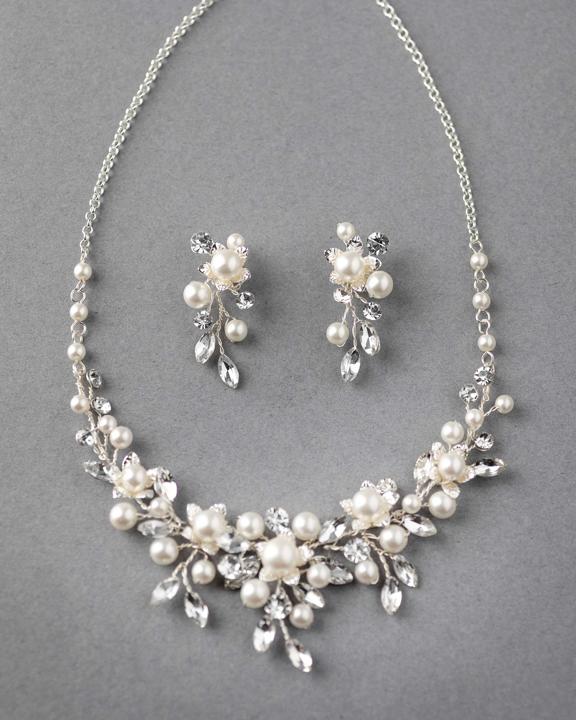 Flowers and Pearls Bridal Necklace and Earrings - Cassandra Lynne