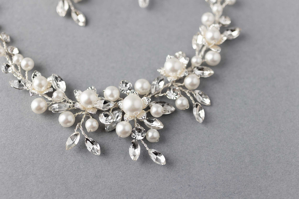 Flowers and Pearls Bridal Necklace and Earrings - Cassandra Lynne