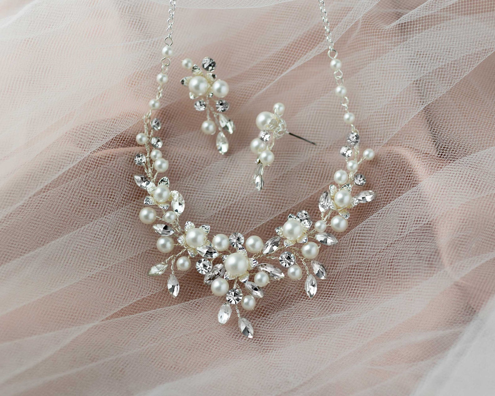 Flowers and Pearls Bridal Necklace and Earrings - Cassandra Lynne