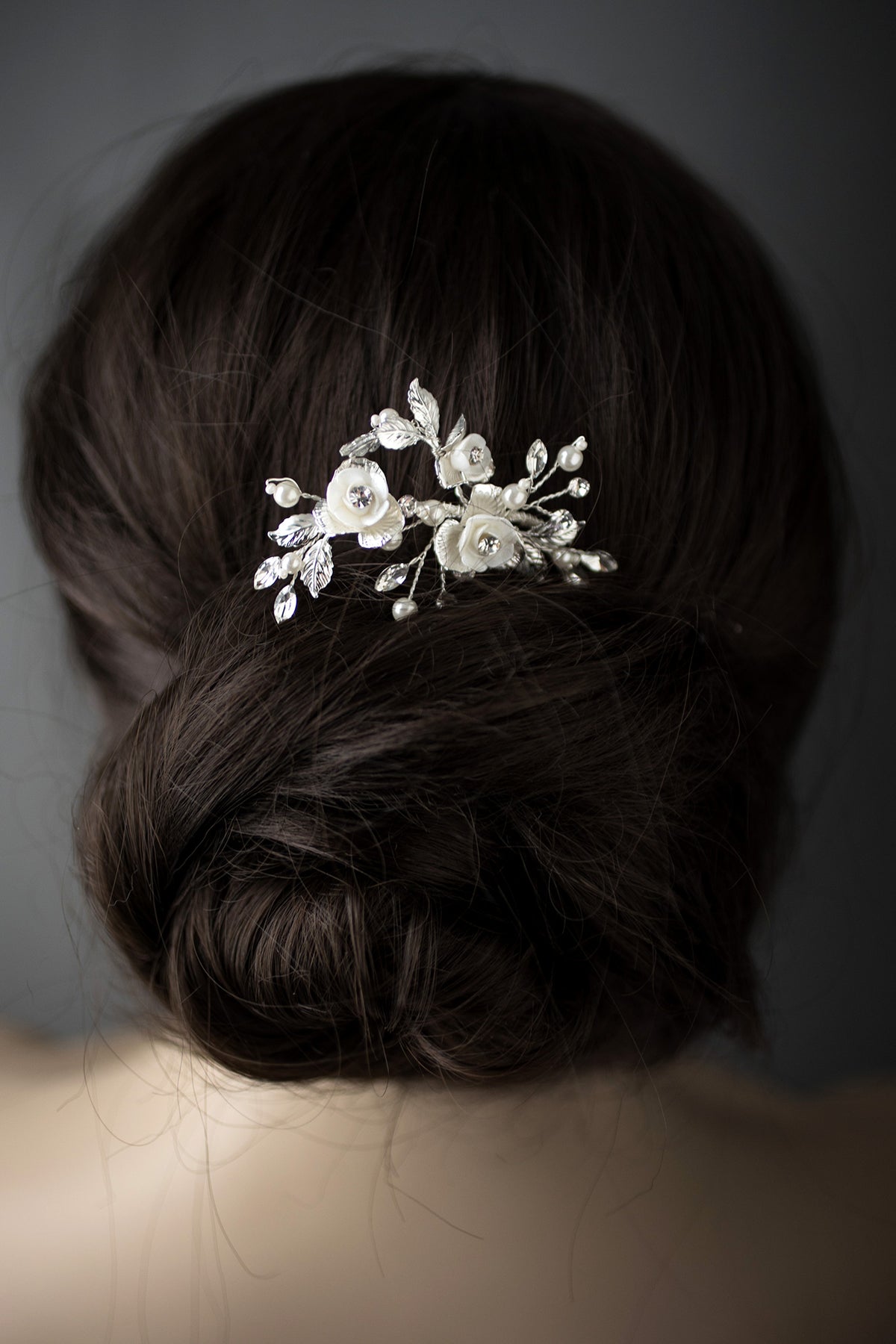 Bridal Veil Comb of Porcelain Flowers and Light Gold Leaves - Cassandra  Lynne