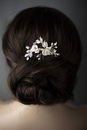 Bridal hair Pin Porcelain Flowers Silver 