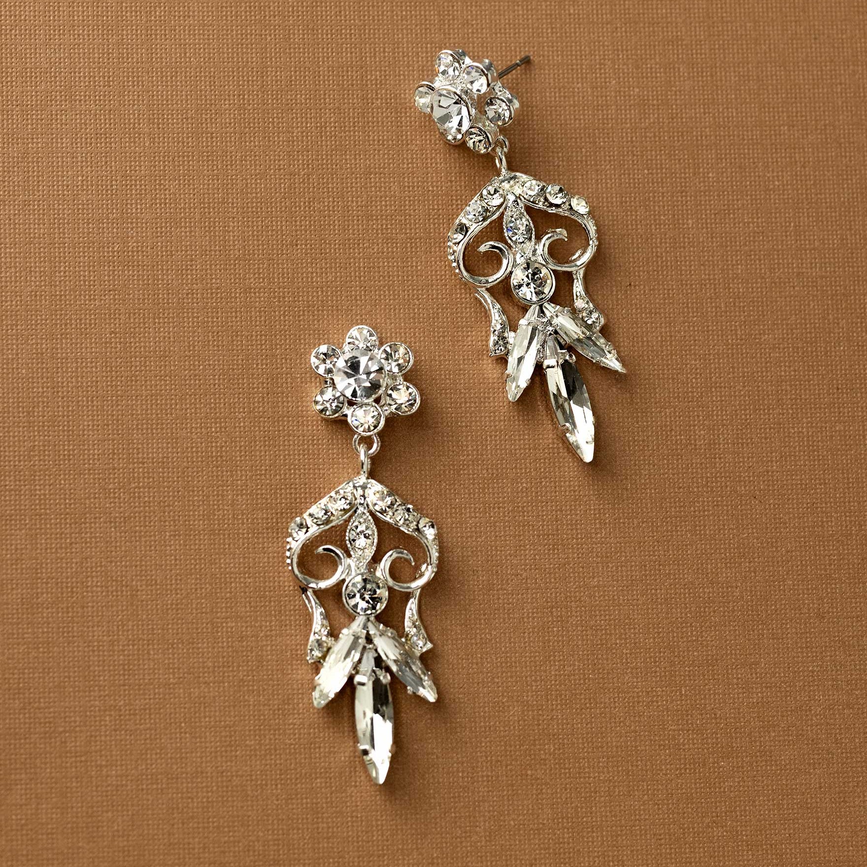 Scrolling Drop Crystal Earrings Silver-Cassandra Lynne
