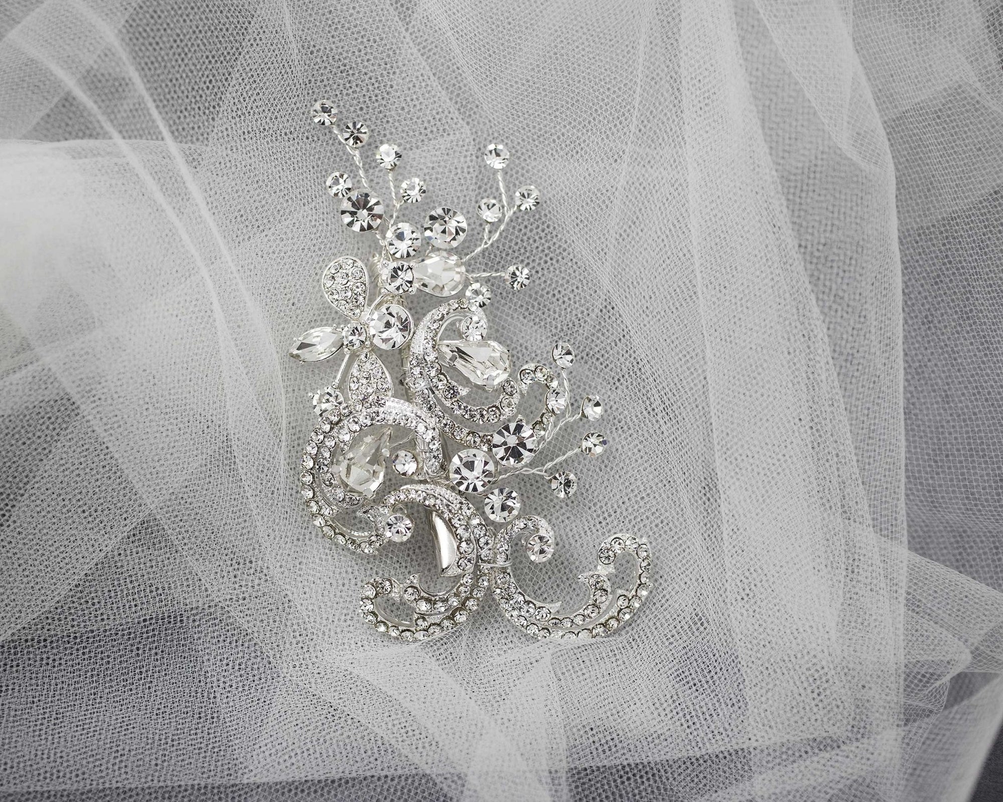 Silver Scrolls and Flower Bridal Hair Clip - Hair Clips - Cassandra Lynne