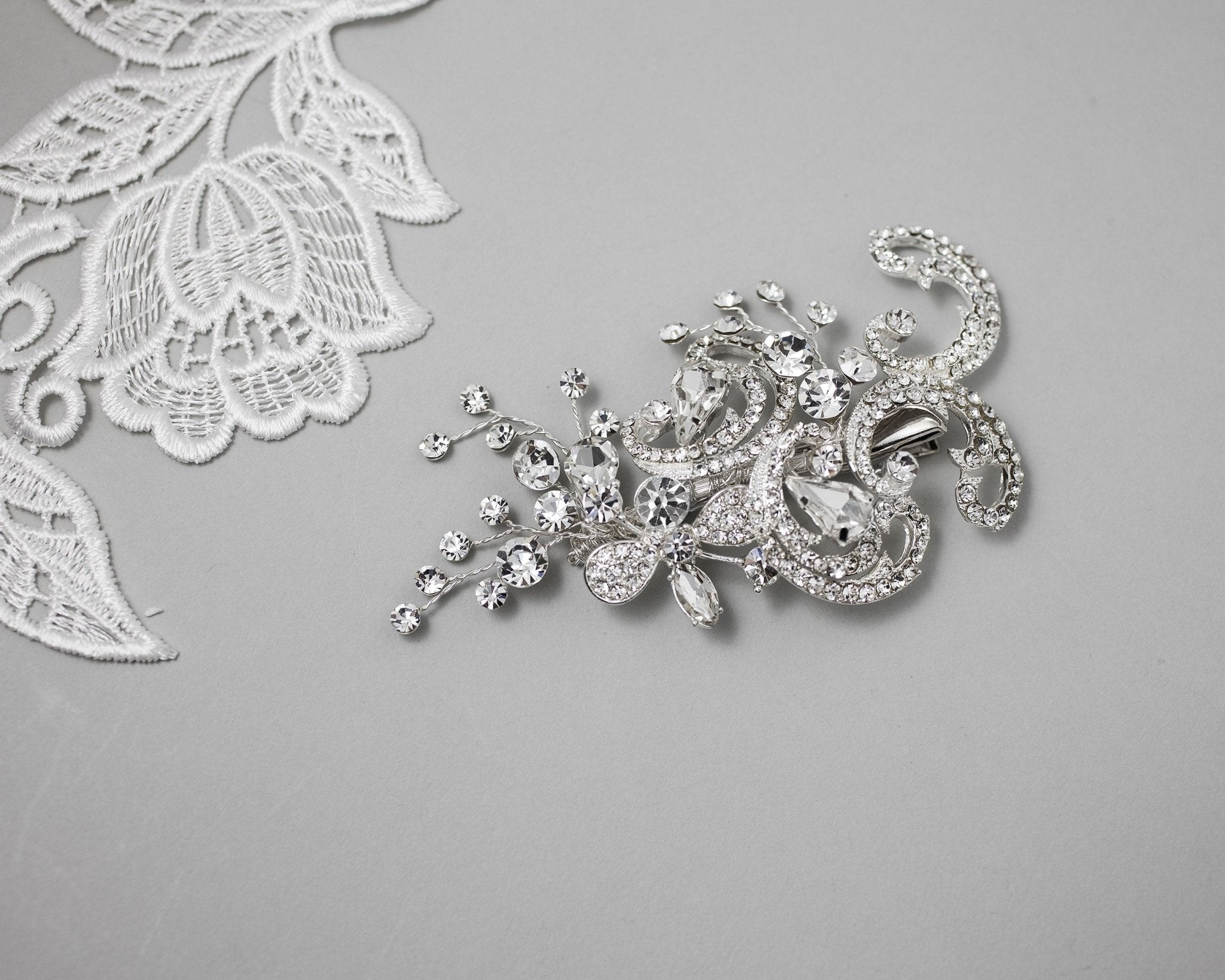 Silver Scrolls and Flower Bridal Hair Clip - Hair Clips - Cassandra Lynne