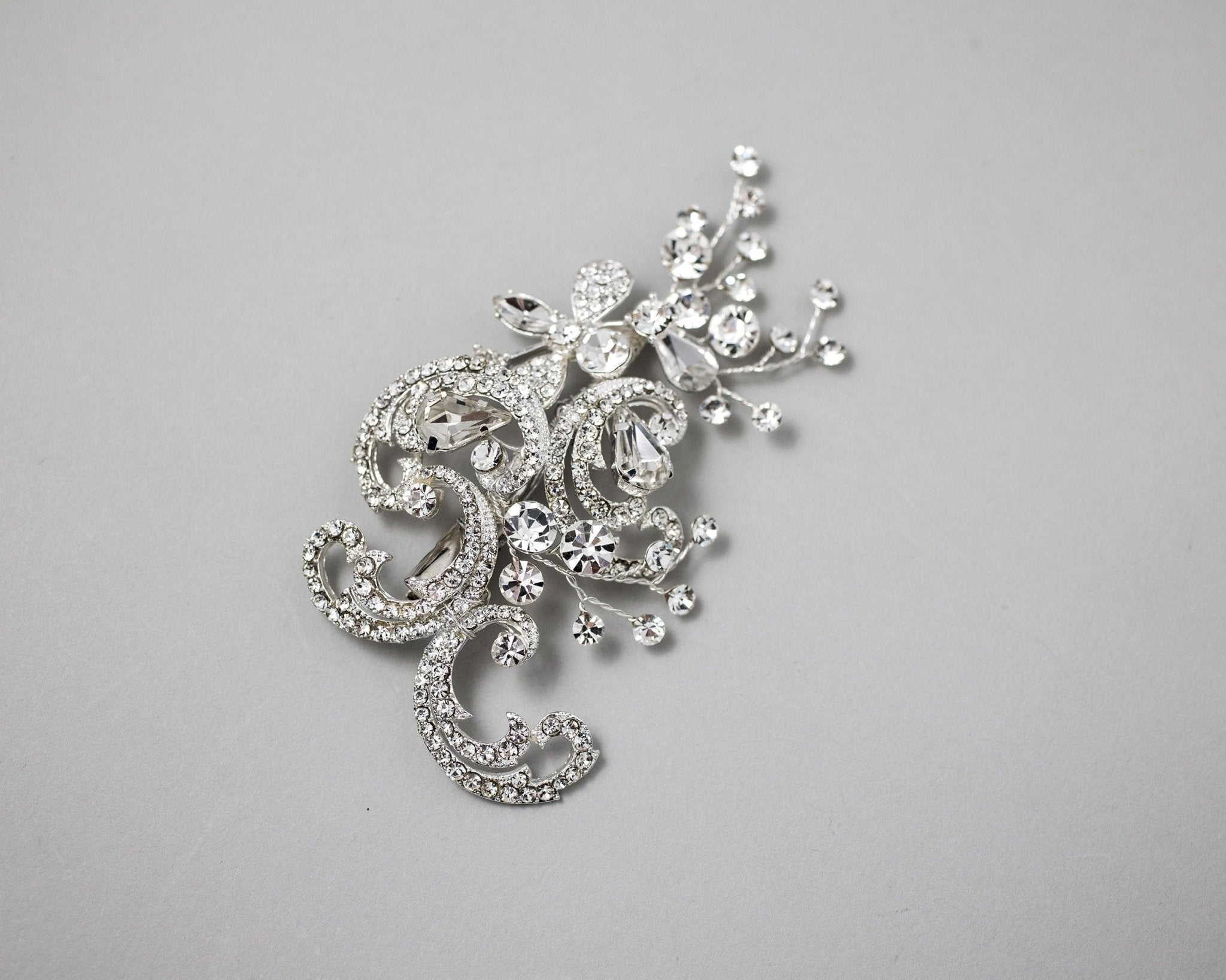 Silver Scrolls and Flower Bridal Hair Clip - Hair Clips - Cassandra Lynne