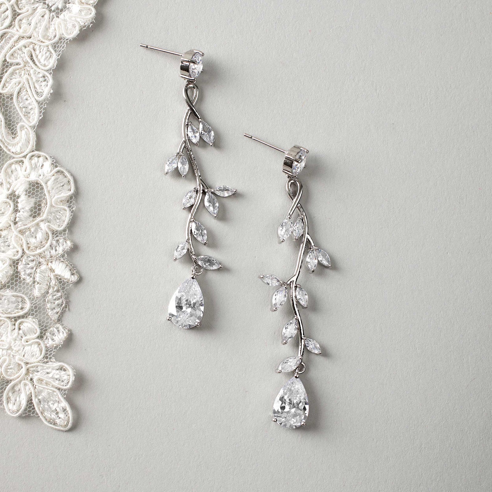 Long Vine CZ Wedding Earrings in Silver - Cassandra Lynne