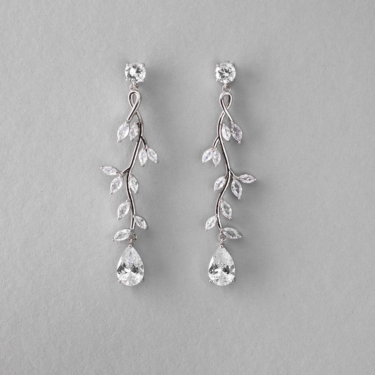 Long Vine CZ Wedding Earrings in Silver- Cassandra Lynne