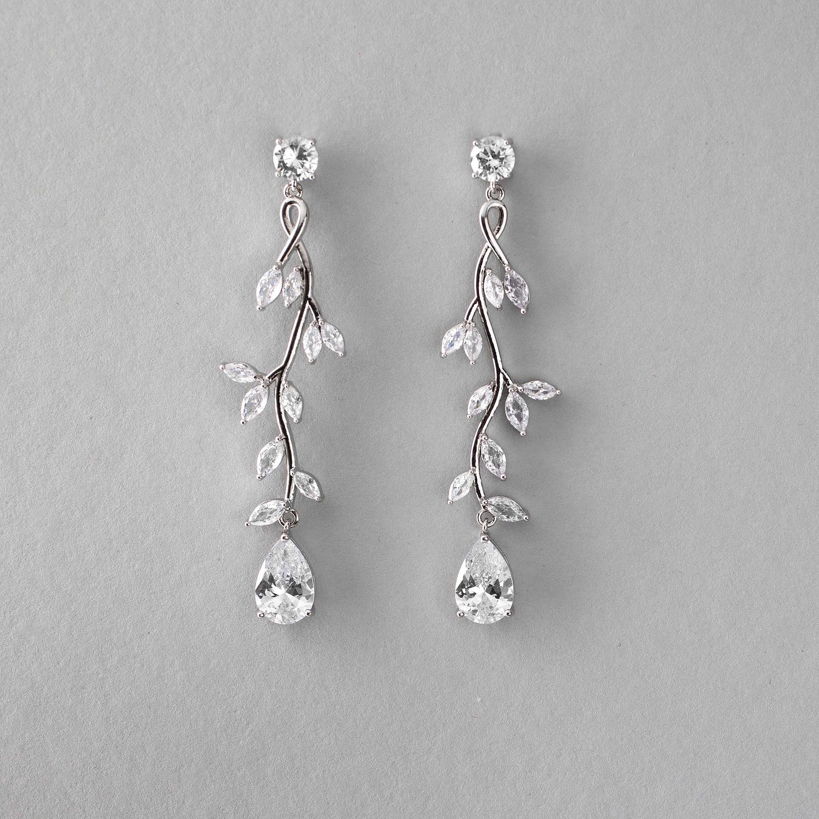 Long Vine CZ Wedding Earrings in Silver- Cassandra Lynne