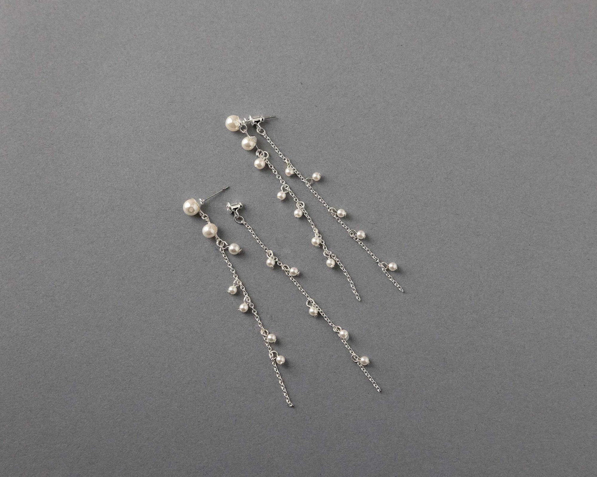 Pearl Station Double Chain Bridal Earrings Silver