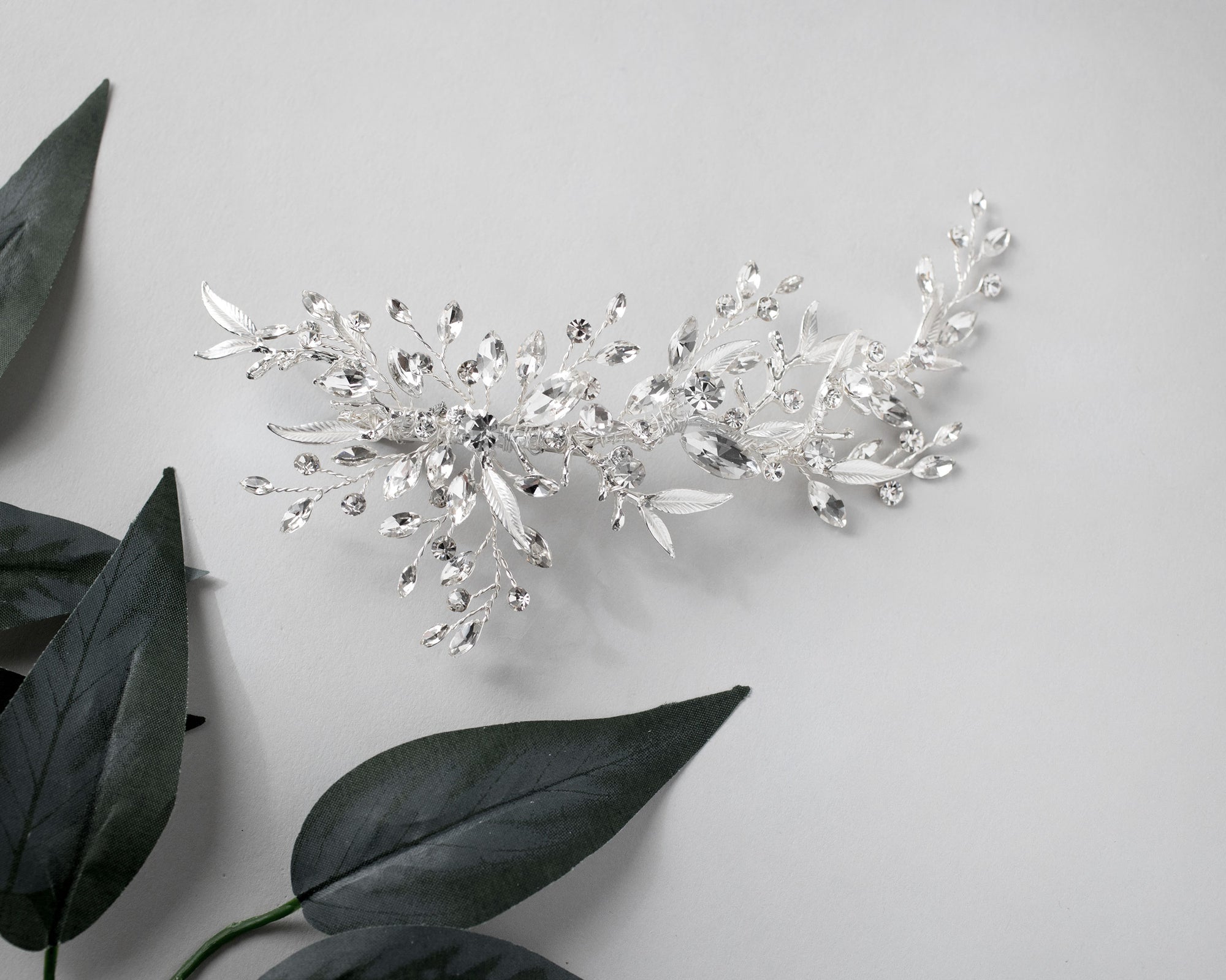 Bridal Hair Clip of Silver Narrow Leaves and Crystals- Cassandra Lynne