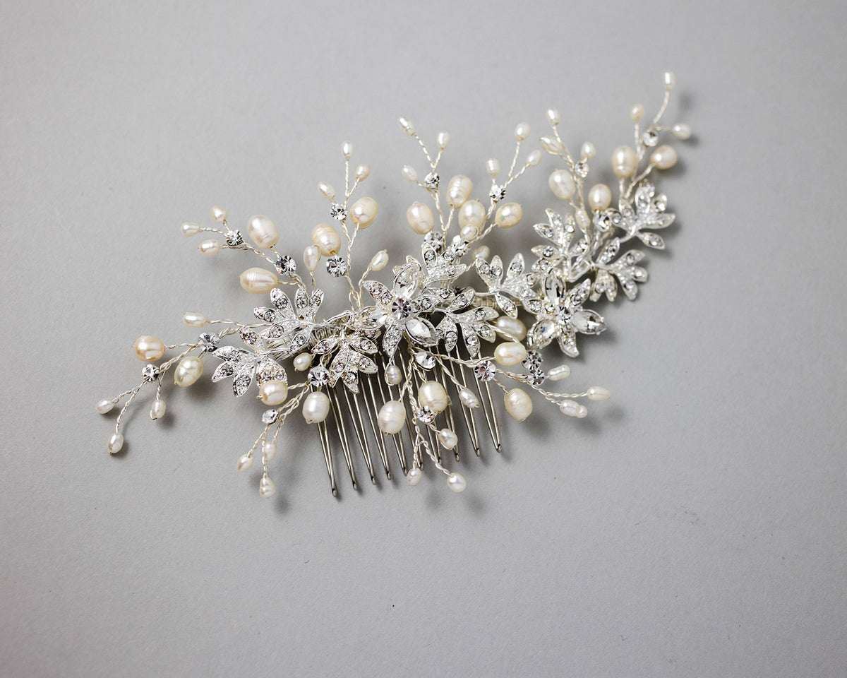 Wedding Hair Comb of Marquise Flowers and Pearls