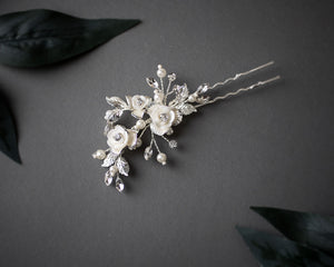 Three Porcelain Flower Wedding Hair Pin Silver