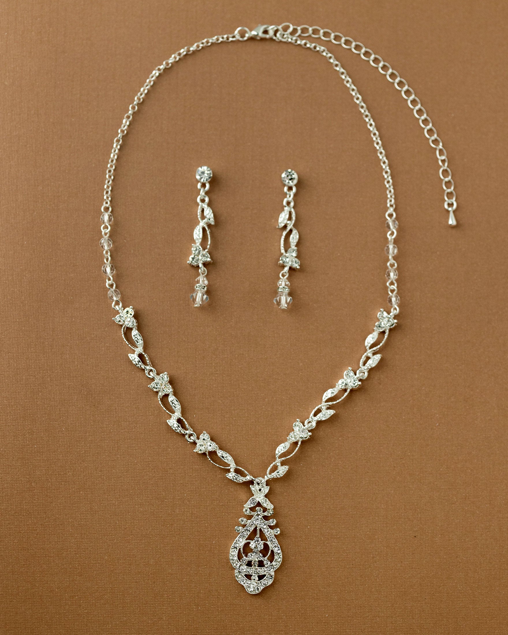 Vintage Drop and Vines Crystal Necklace Set Silver - Cassandra Lynne