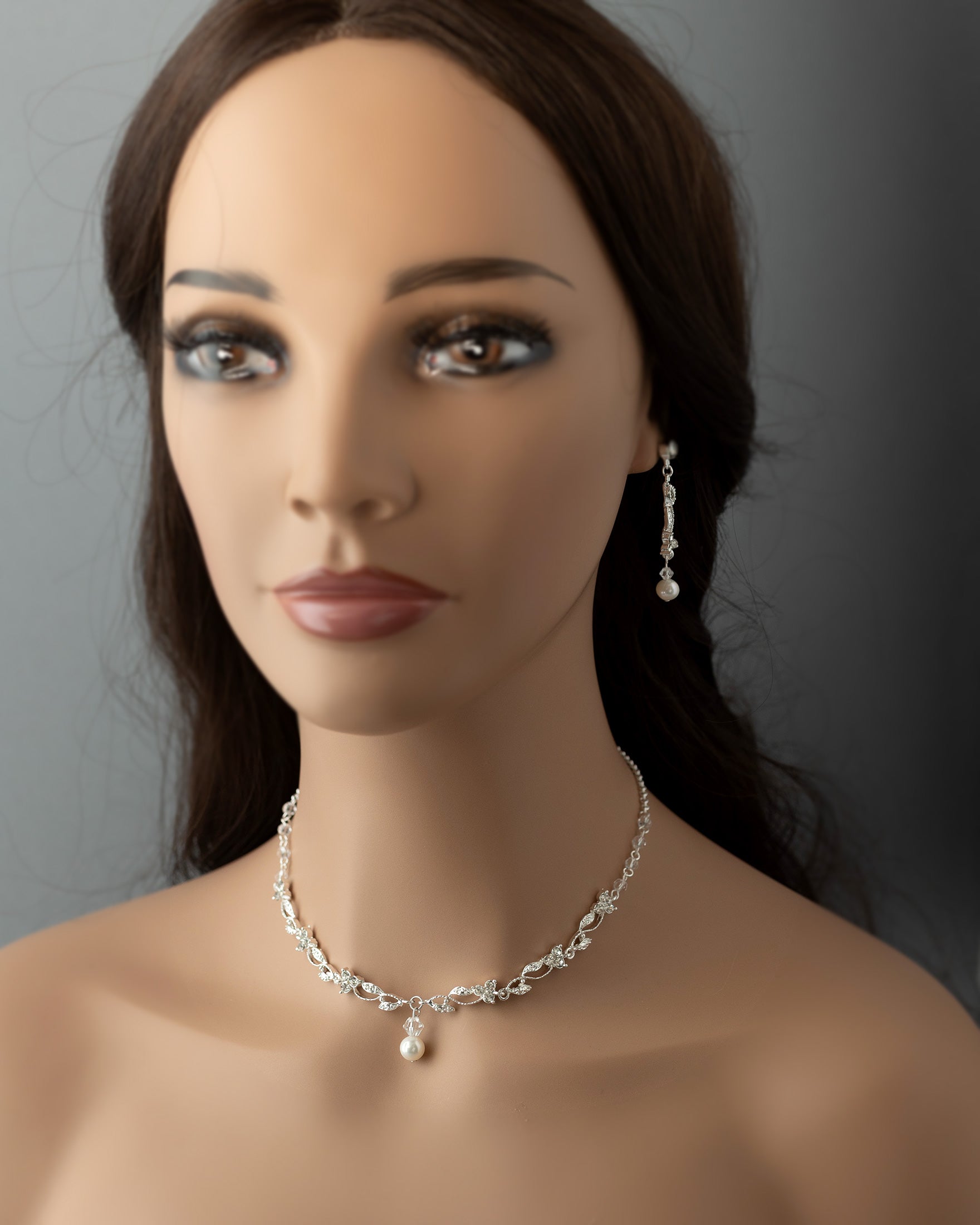 Pearl Drop and Vines Crystal Necklace Set Cassandra Lynne Silver 