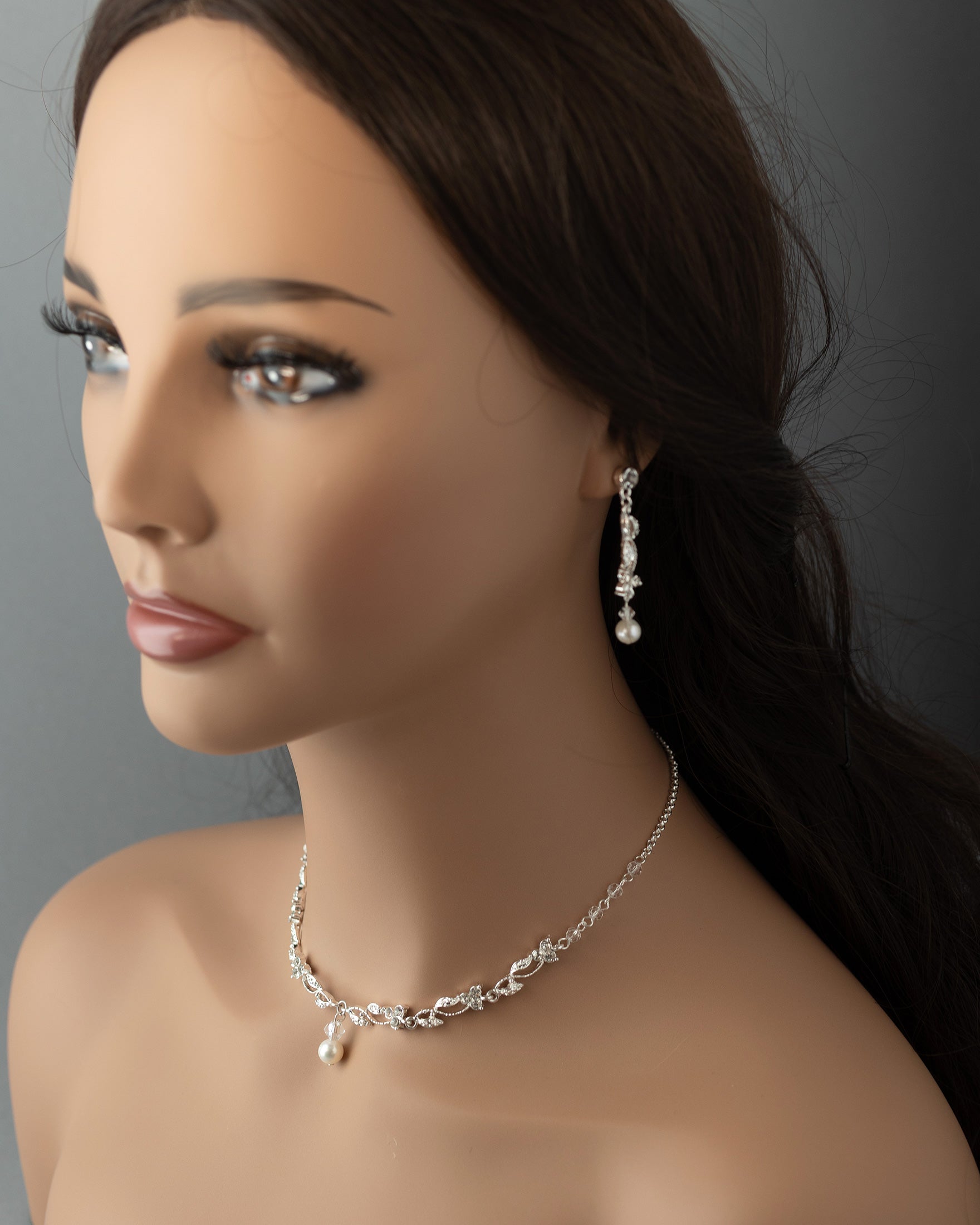 Pearl Drop and Vines Crystal Necklace Set Cassandra Lynne Silver 