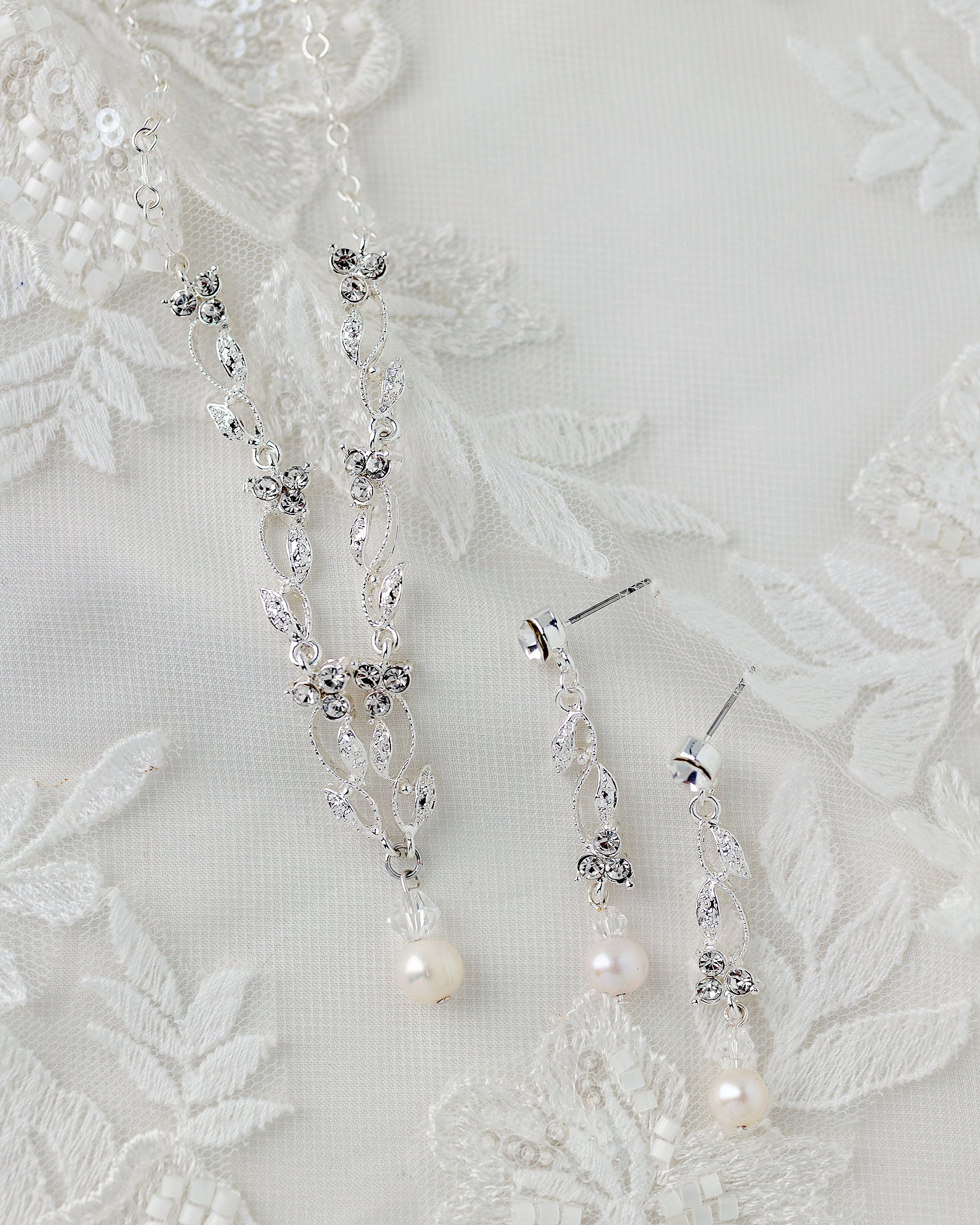 Pearl Drop and Vines Crystal Necklace Set Cassandra Lynne Silver 