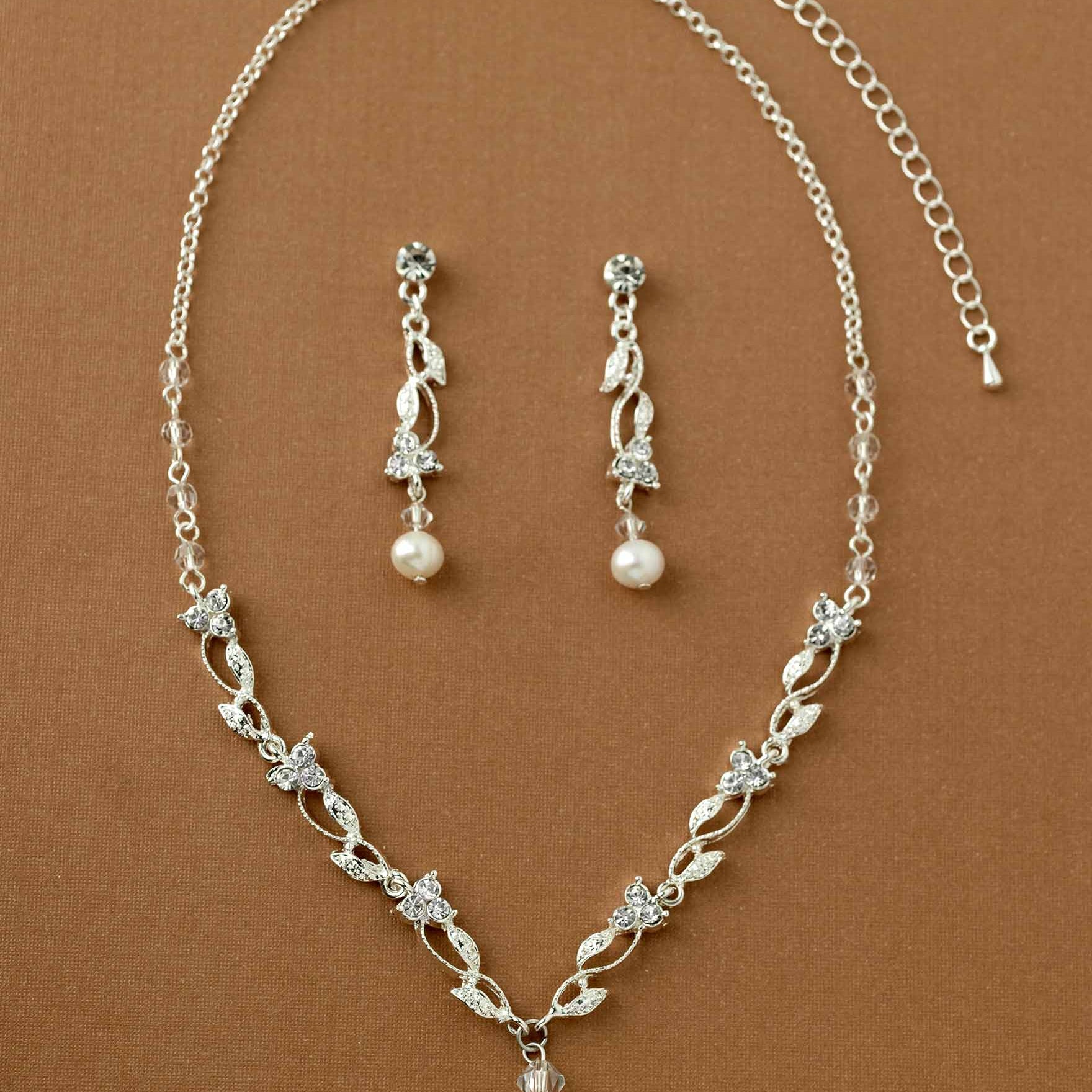 Pearl Drop and Vines Crystal Necklace Set Cassandra Lynne Silver 