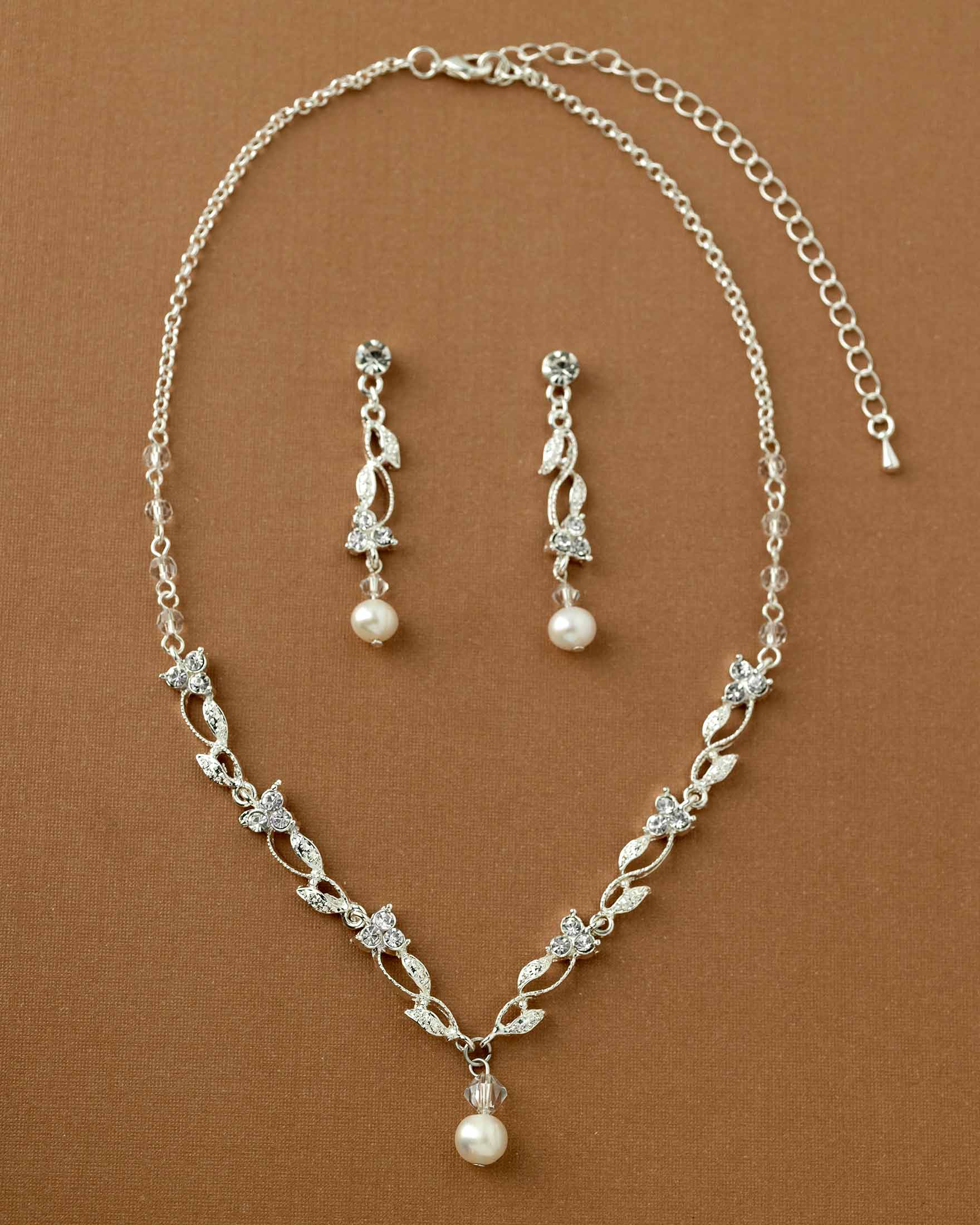 Pearl Drop and Vines Crystal Necklace Set Cassandra Lynne Silver 