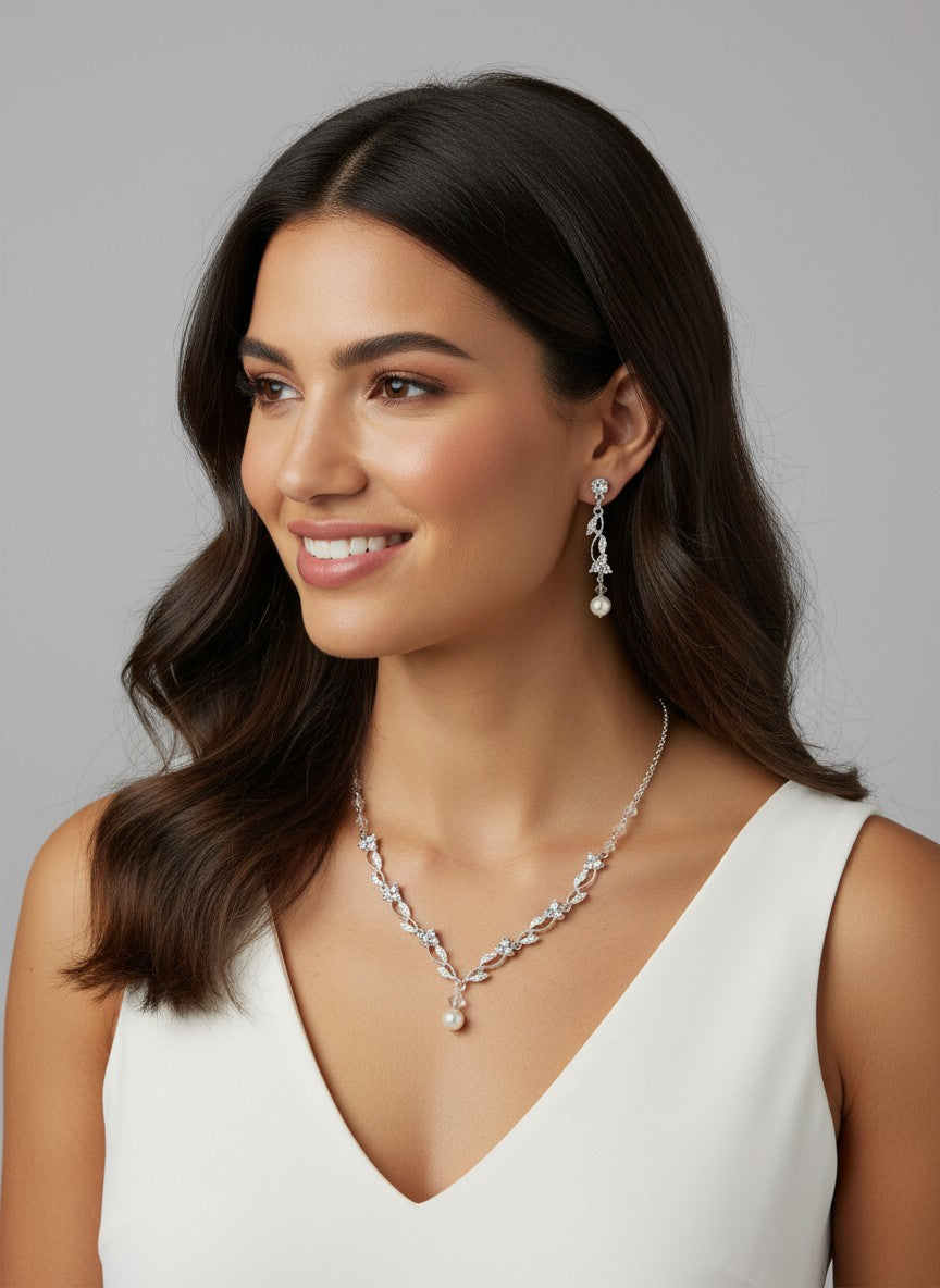 Pearl Drop and Vines Crystal Necklace Set