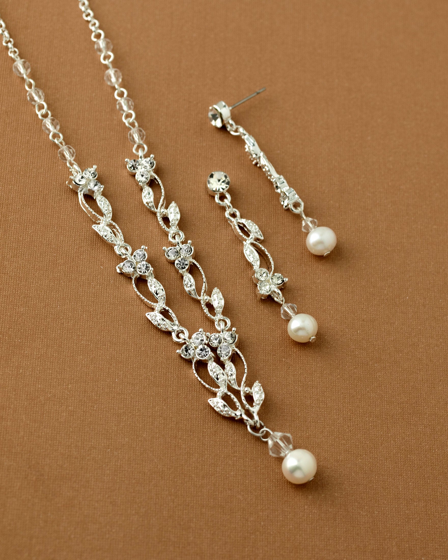 Pearl Drop and Vines Crystal Necklace Set Cassandra Lynne Silver 