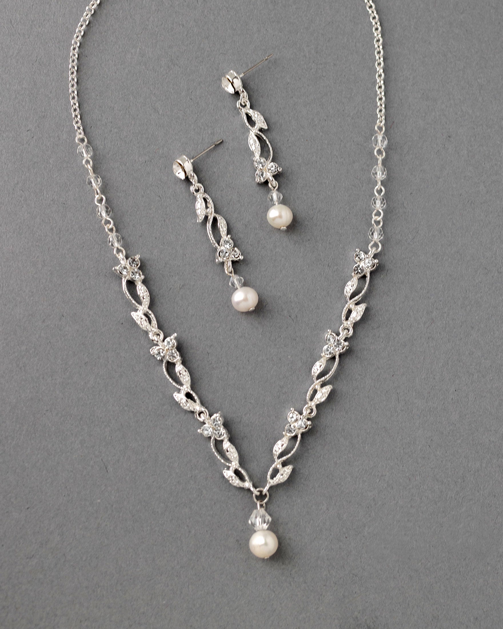 Pearl Drop and Vines Crystal Necklace Set Cassandra Lynne Silver 