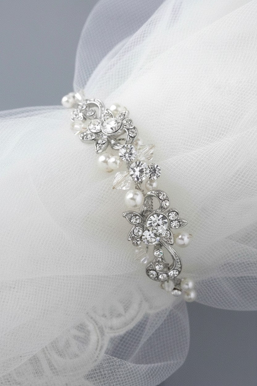 Silver wedding bracelet with ivory pearls - Cassandra Lynne