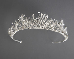 Bridal Tiara of Open Crystal Leaves Silver