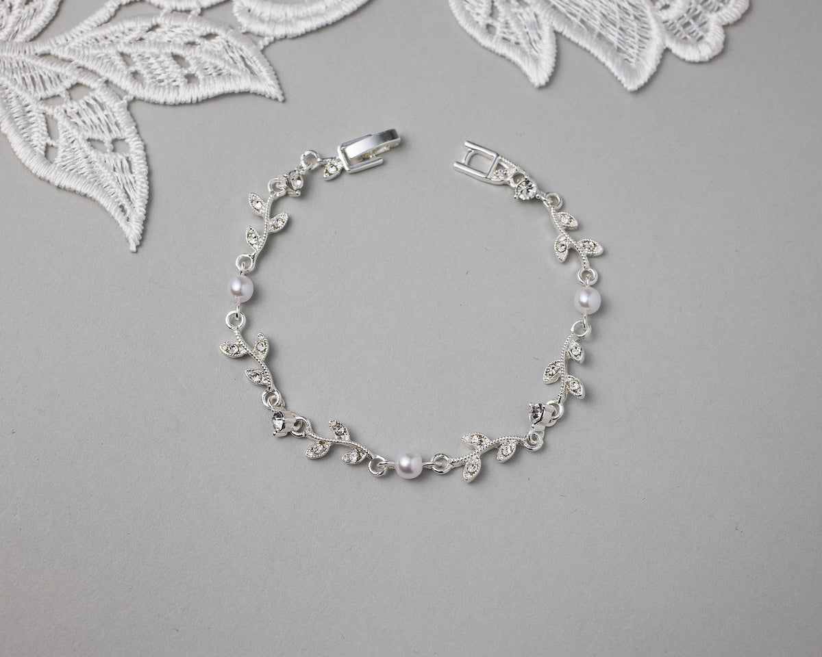 Simple Crystal Vine Necklace, Earrings, and Bracelet with Pearls