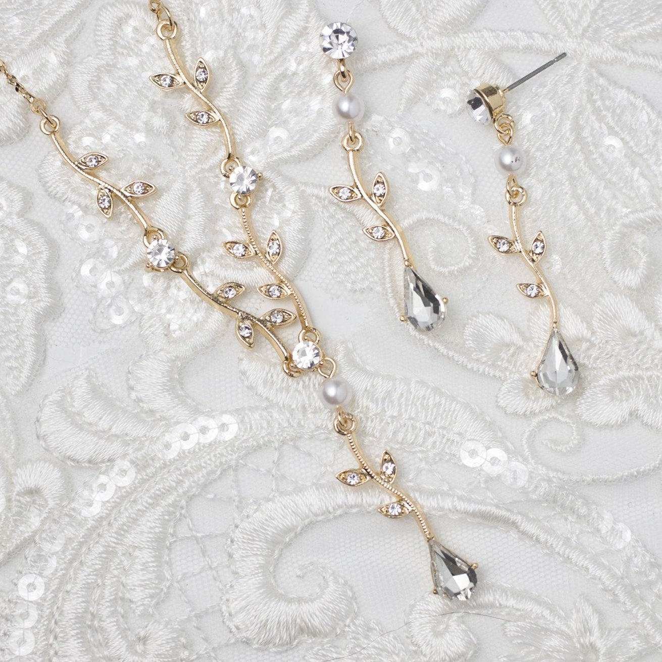 Simple Crystal Vine Necklace, Earrings, and Bracelet with Pearls - Necklace Set - Cassandra Lynne