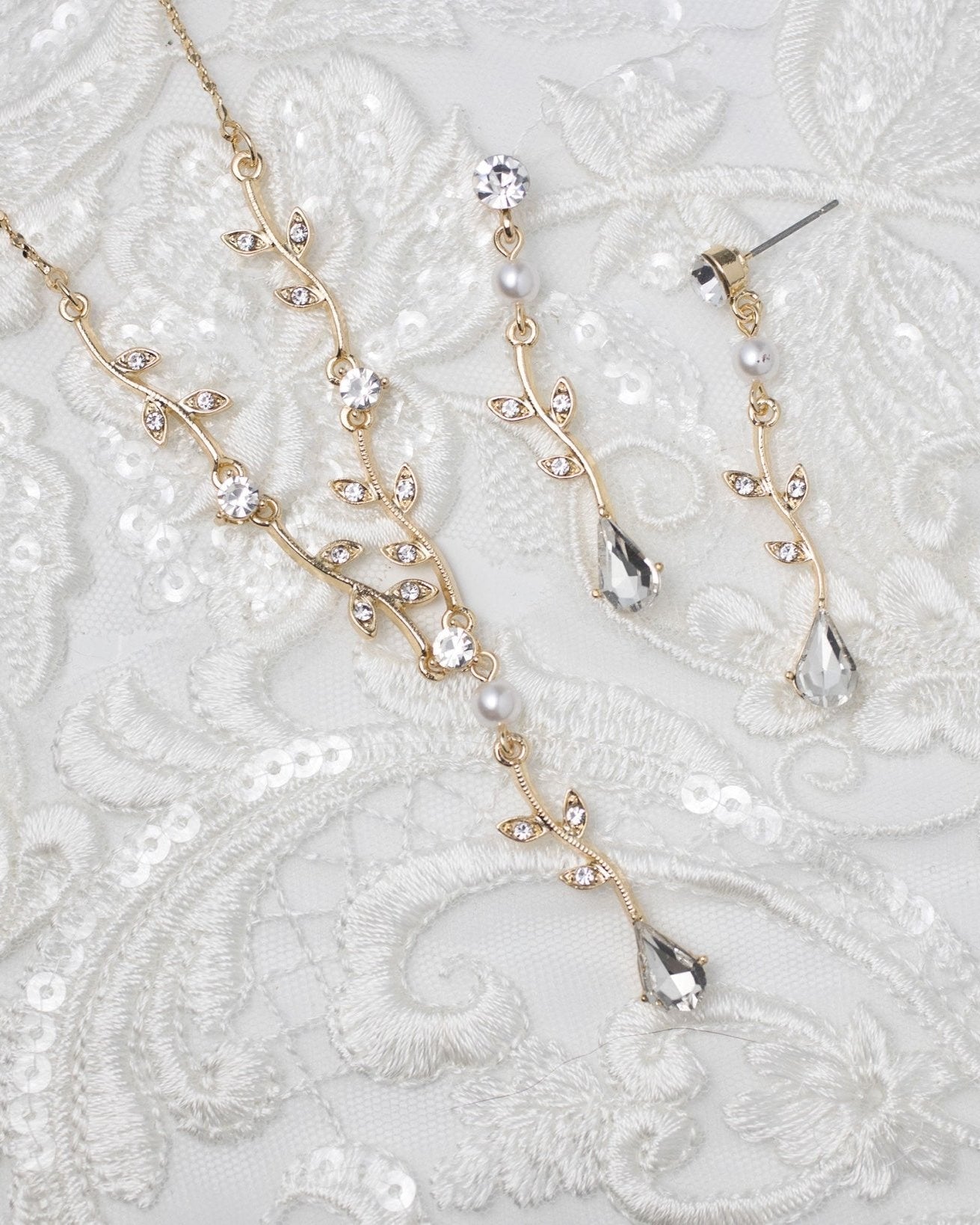 Simple Crystal Vine Necklace, Earrings, and Bracelet with Pearls - Necklace Set - Cassandra Lynne