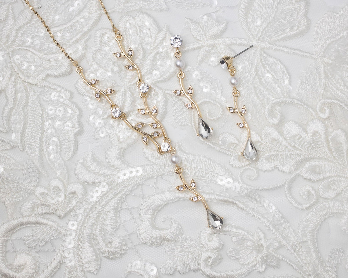 Simple Crystal Vine Necklace, Earrings, and Bracelet with Pearls - Necklace Set - Cassandra Lynne
