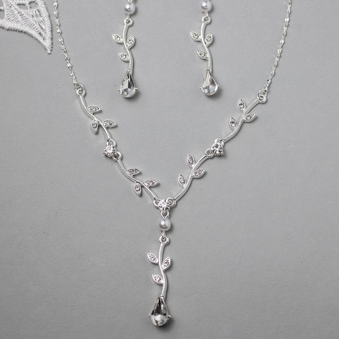 Simple Crystal Vine Necklace, Earrings, and Bracelet with Pearls - Necklace Set - Cassandra Lynne